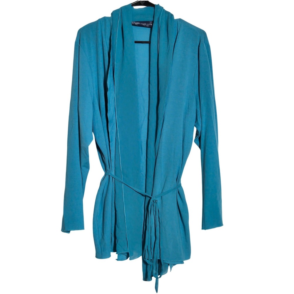 Susan Graver Blue Open Front Belted Cardigan Plus 2X Office Flowy Career Layer